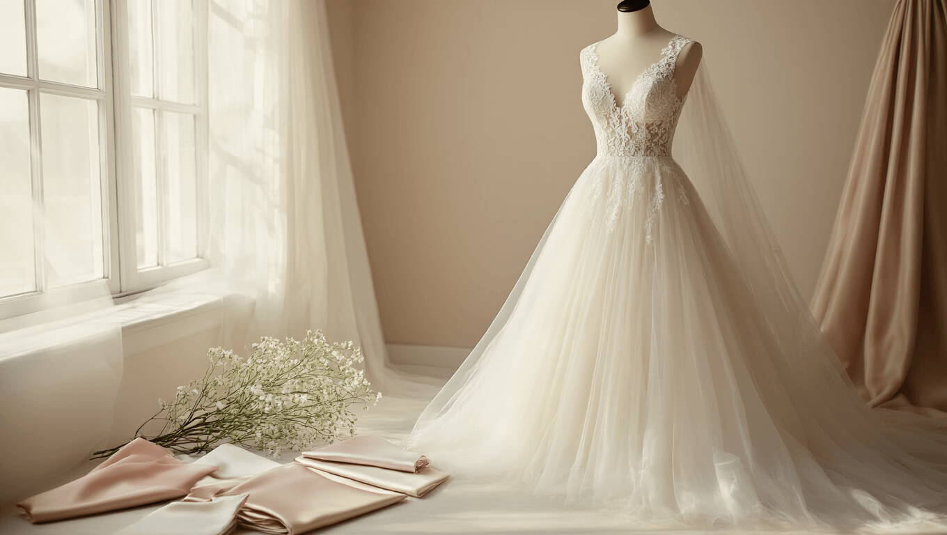 "Elegant A-line wedding gown with lace bodice and tulle skirt displayed on a dress form, surrounded by satin, mikado, and organza fabric swatches in a bridal boutique, with a delicate veil and single stem of white florals in a warm, romantic atmosphere, shot in soft focus for an editorial bridal magazine."