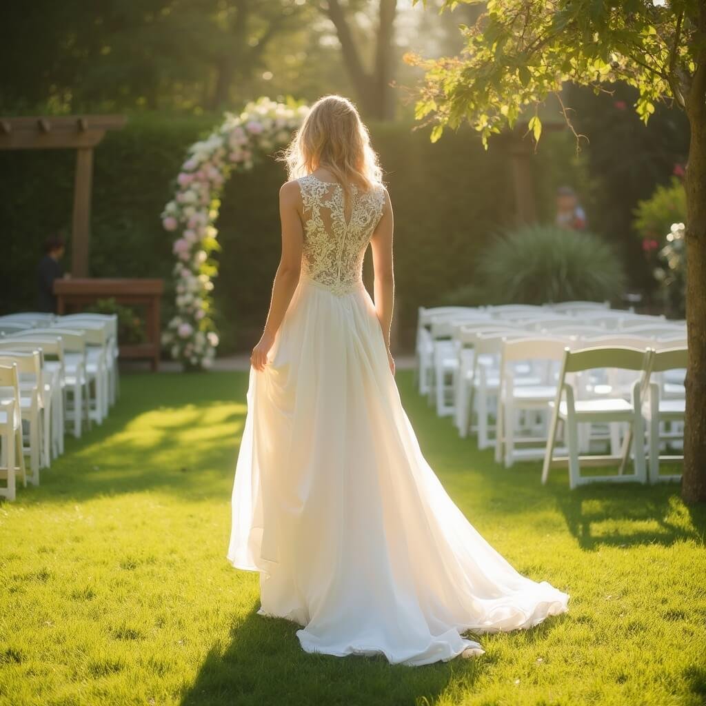 Comprehensive Wedding Dress Ideas: Silhouettes, Fabrics, and How to Actually Choose Bride walking across a sunlit garden venue in a lace A-line gown with the golden light illuminating the dress and blurred floral arches in the background