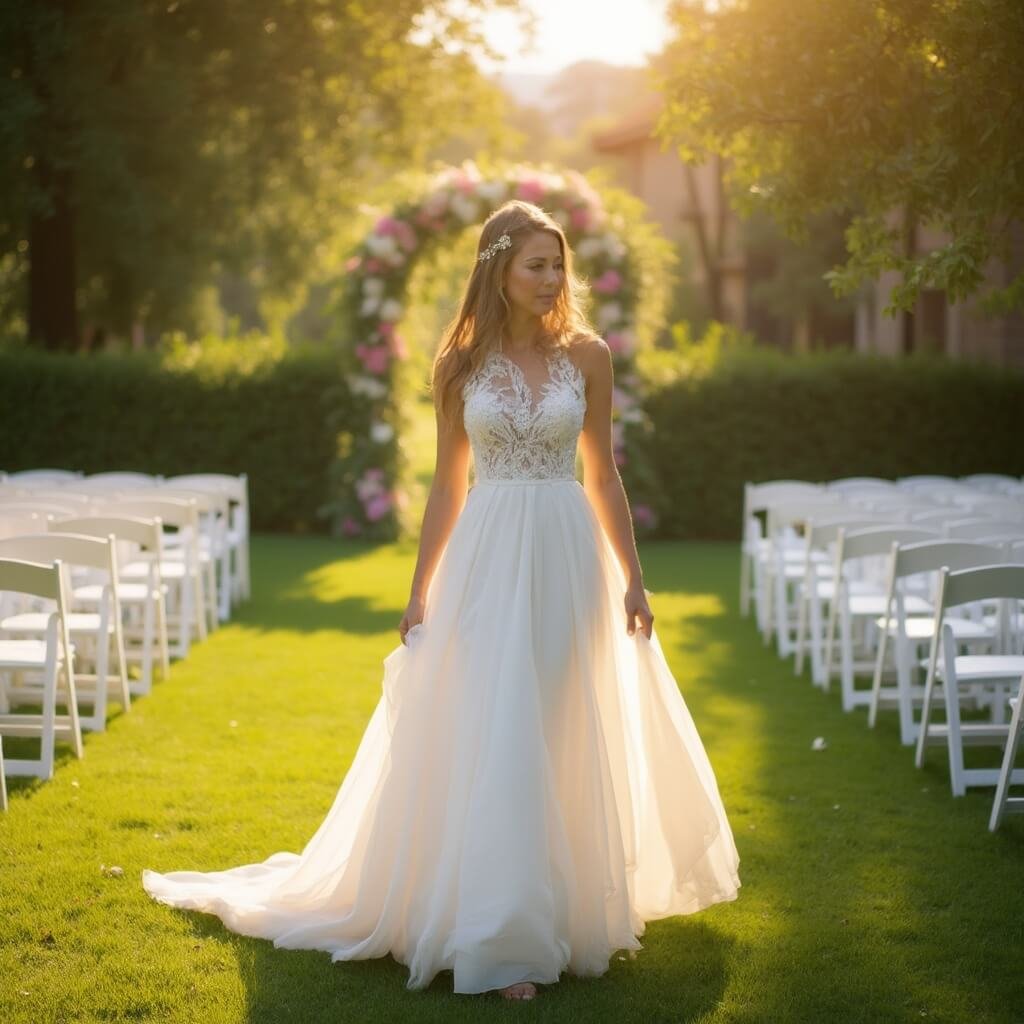 Comprehensive Wedding Dress Ideas: Silhouettes, Fabrics, and How to Actually Choose Bride in sleeveless lace A-line gown walking across a lawn with white chairs and floral arches, with warm sunlight filtering through trees onto her dress