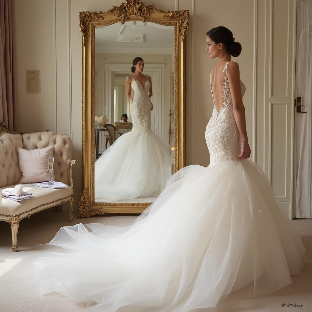 Comprehensive Wedding Dress Ideas: Silhouettes, Fabrics, and How to Actually Choose Bride in fitting room examining herself in a large mirror while wearing a fitted mermaid gown, with fabric swatches, a champagne flute, and a seamstress's pin cushion on a velvet chaise nearby