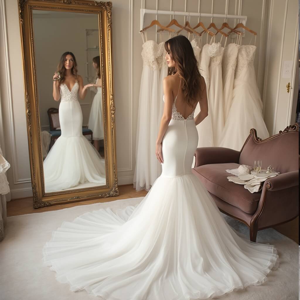 Comprehensive Wedding Dress Ideas: Silhouettes, Fabrics, and How to Actually Choose Bride in a chic fitting room examining her reflection in a mermaid gown with a tulle-and-organza flare; fabric swatches, a champagne flute, and a pin cushion rest on a velvet chaise nearby.