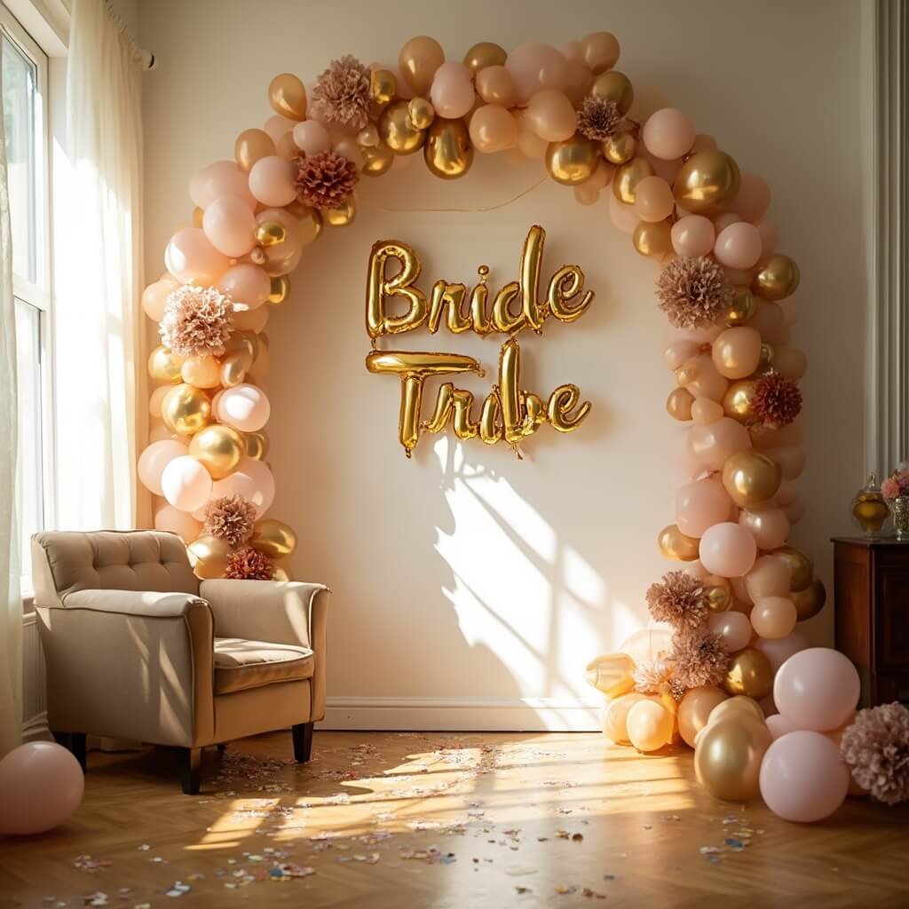Bachelorette Party Decorations That Actually Work (Without Costing a Fortune or a Weekend) Bachelorette party setup in a sunlit Airbnb with a gold balloon arch, 'Bride Tribe' banner, velvet armchair, tissue pom-poms, sheer curtains, and confetti balloons on the floor