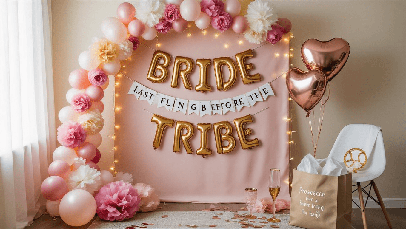"Elegant bachelorette party decor including a rose-gold "Bride Tribe" balloon arch, gold heart and ring balloons, tissue paper pom-poms, "Last Fling Before the Ring" banner, fairy lights, a prosecco glass, and a confetti balloon, all set against a blush-pink backdrop"