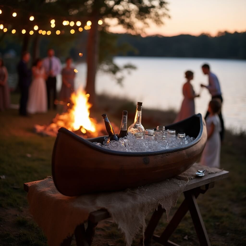 Rustic Wedding Ideas That Actually Work (Not Just Mason Jars and Hay Bales) Rustic drinks station in a canoe at a lakeside wedding reception at dusk, with a bonfire and guests in the soft-focus background