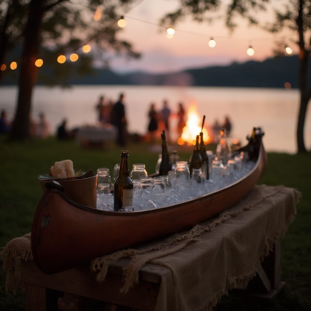 Rustic Wedding Ideas That Actually Work (Not Just Mason Jars and Hay Bales) Rustic wedding drinks station with a canoe filled with ice and drinks on a burlap-covered table near a lakeside, with a bonfire, guests, and sunset reflected in the lake in the soft-focus background.