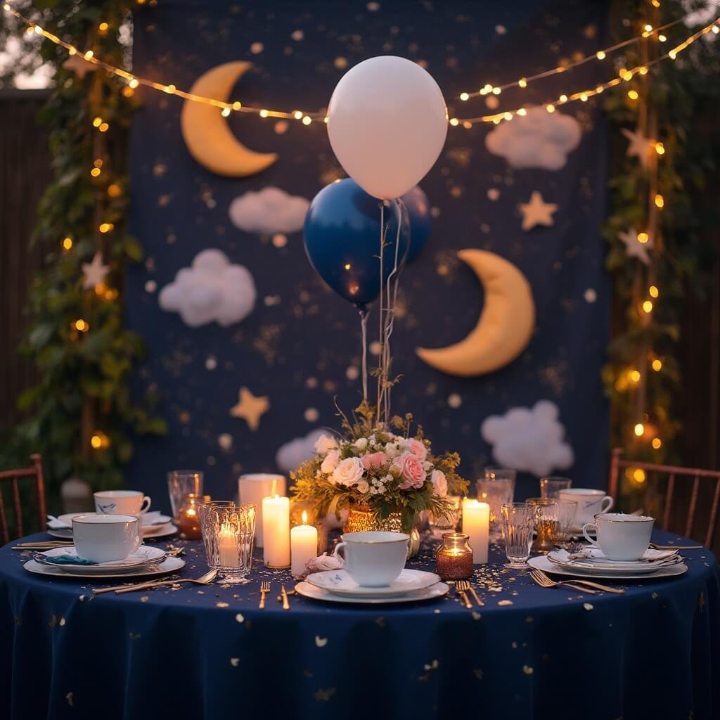 Gender Neutral Baby Shower Ideas That Don't Feel Like an Afterthought Elegant celestial-themed baby shower table setting under fairy lights, featuring navy blue tablecloth with gold star confetti, moon-and-star balloons centerpiece, white candles and gold-rimmed teacups in soft golden hour light