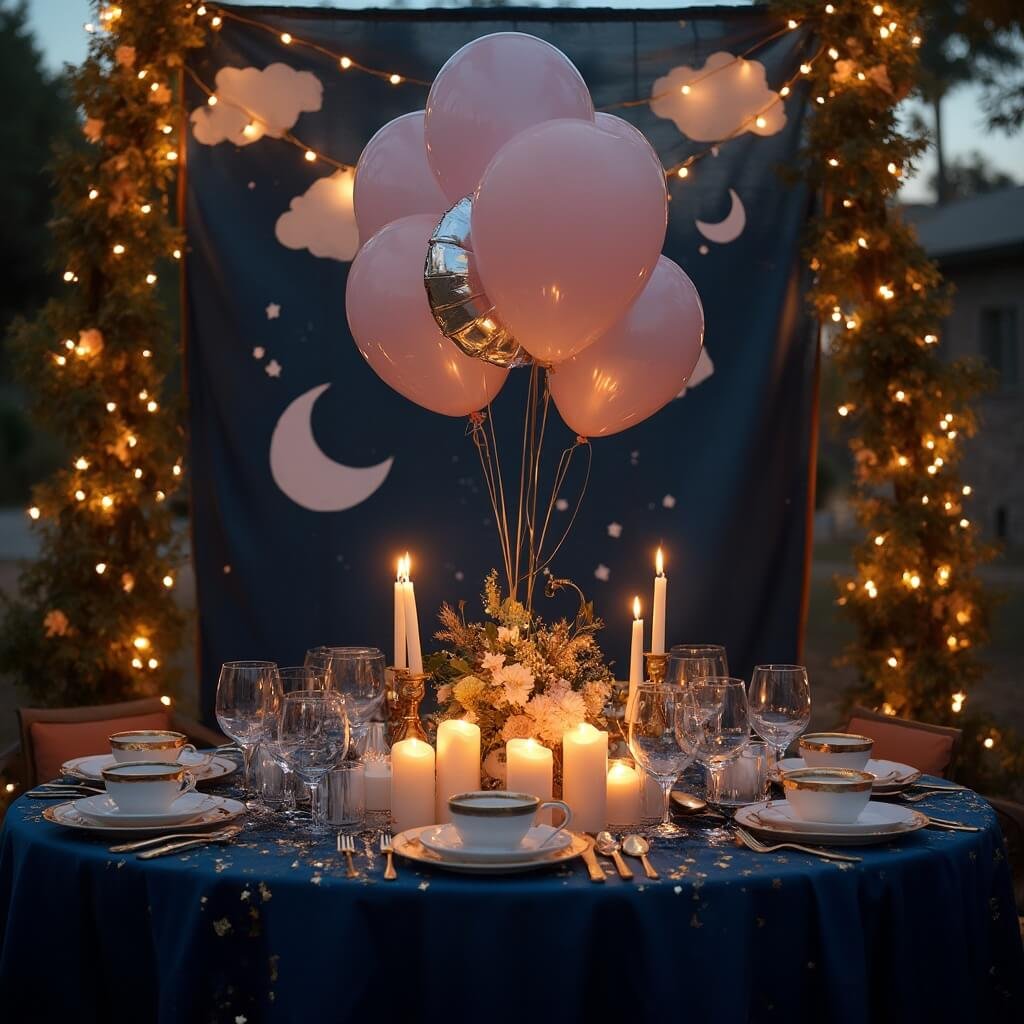 Gender Neutral Baby Shower Ideas That Don't Feel Like an Afterthought Celestial-themed baby shower table at dusk with navy tablecloth, star confetti, fairy lights, fabric backdrop of clouds and moons, moon-and-star balloons centerpiece and gold-rimmed teacups.