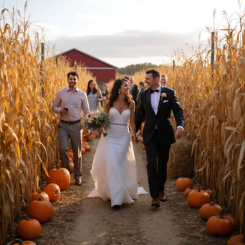 Outdoor Wedding Ideas That Actually Work (Not Just Pinterest Bait) Wedding guests wandering joyfully through a corn maze at a pumpkin farm in autumn, surrounded by pumpkins, dried cornstalks, and a distant red barn.