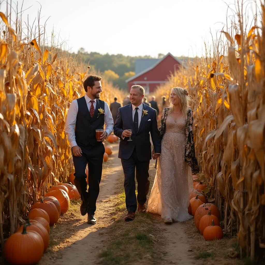 Outdoor Wedding Ideas That Actually Work (Not Just Pinterest Bait) Guests laughing and wandering through a corn maze at a pumpkin farm wedding in October, semi-formal attire, pumpkins and cornstalks surround the pathway, red barn and hay bales in the background, under a crisp autumn sky with warm sunlight.