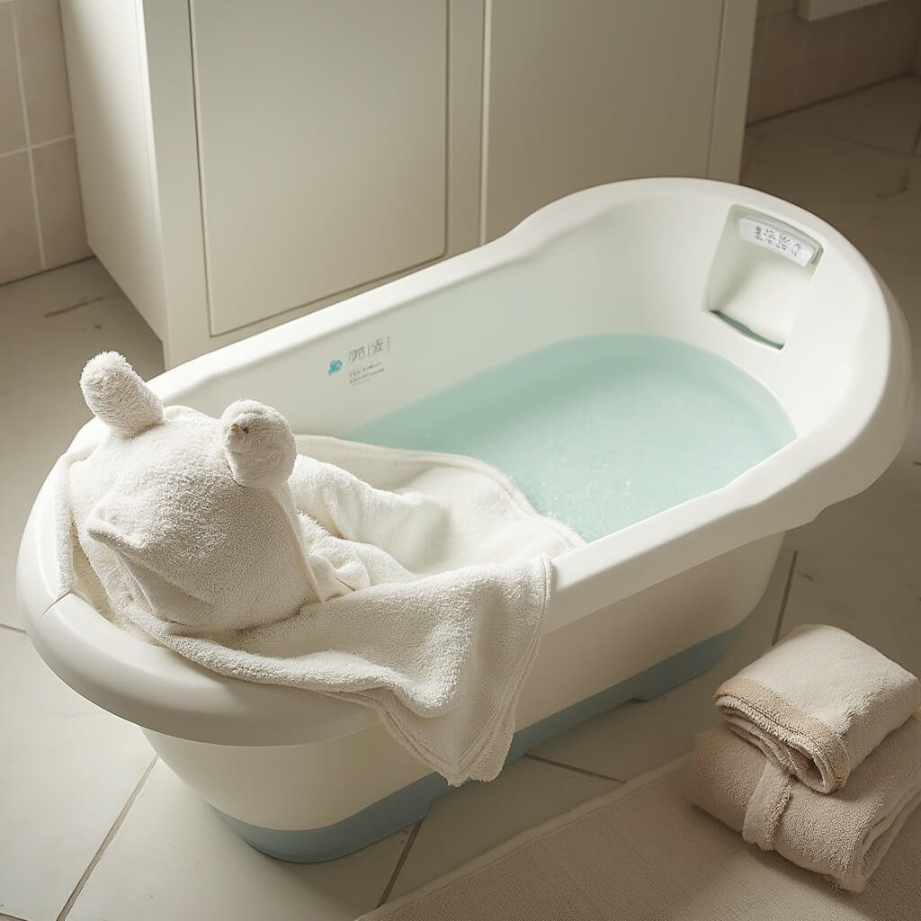 Baby Shower Gift Ideas That Actually Get Used Elevated view of a cozy bathroom with a baby bath tub featuring a built-in thermometer, a draped animal-ear hooded towel, and a stack of neutral-toned washcloths, highlighting textures and a calm newborn care routine.