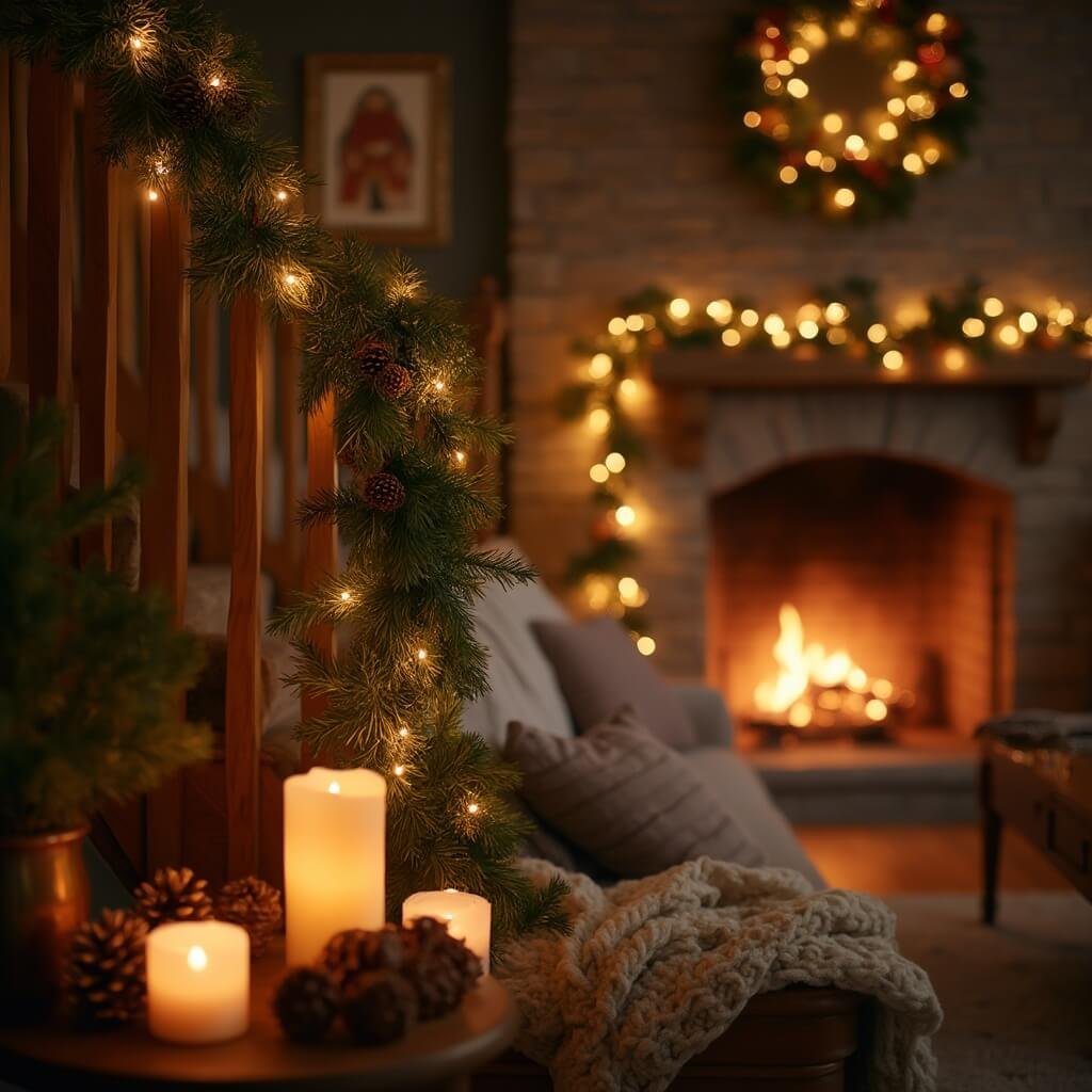 Christmas Party Decorations: A Room-by-Room Guide That Won't Bankrupt You Cozy decorated living room for a Christmas party with low light from a stone fireplace, golden fairy lights, evergreen garland on a wooden staircase, LED candles beside a knit throw, with a warm amber color grade.