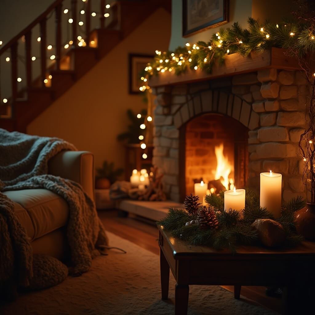 Christmas Party Decorations: A Room-by-Room Guide That Won't Bankrupt You Cozy family living room decorated for Christmas with a lit stone fireplace, golden fairy lights, evergreen garland on staircase, LED candles on side table, and warm amber color grade
