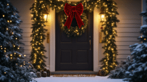 Christmas Party Decorations: A Room-by-Room Guide That Won't Bankrupt You "Elegant Christmas front door entrance with evergreen garland, fairy lights, red velvet bow, pinecones and berries, in a soft golden porch light and light snow, evening dusk atmosphere."