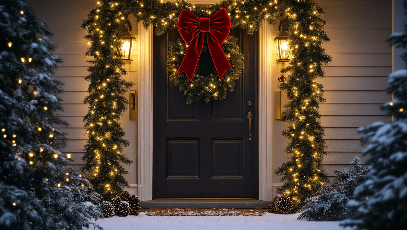 "Elegant Christmas front door entrance with evergreen garland, fairy lights, red velvet bow, pinecones and berries, in a soft golden porch light and light snow, evening dusk atmosphere."