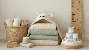 Baby Shower Gift Ideas That Actually Get Used "Scandinavian style nursery with a basket of muslin cloths, stack of baby blankets, animal-ear towel, portable baby tub, wooden height chart, money box and diaper cake in warm neutral tones"