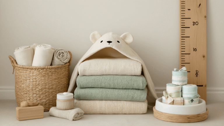Baby Shower Gift Ideas That Actually Get Used "Scandinavian style nursery with a basket of muslin cloths, stack of baby blankets, animal-ear towel, portable baby tub, wooden height chart, money box and diaper cake in warm neutral tones"