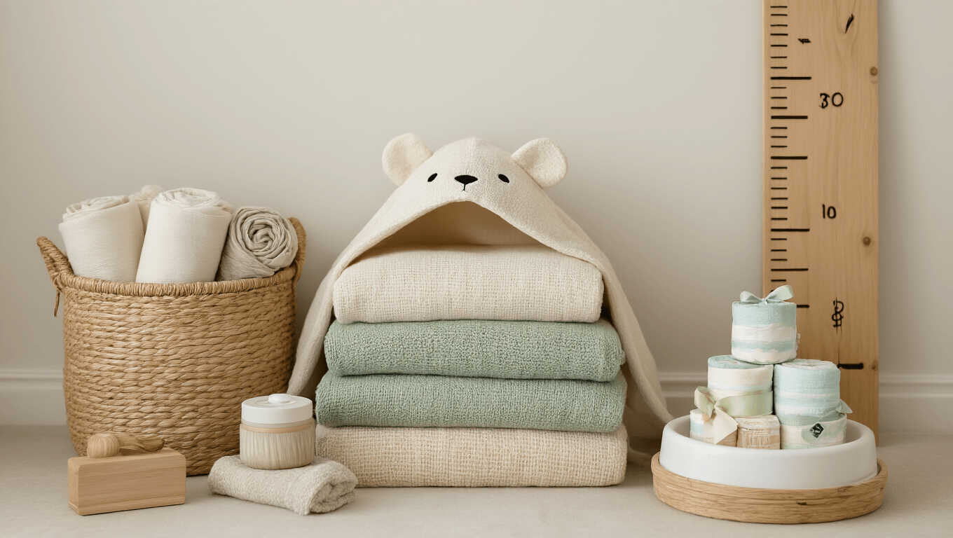 "Scandinavian style nursery with a basket of muslin cloths, stack of baby blankets, animal-ear towel, portable baby tub, wooden height chart, money box and diaper cake in warm neutral tones"