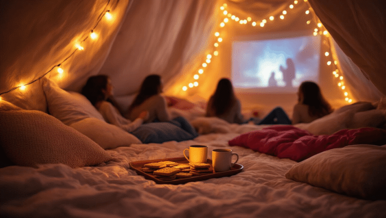 Teen Birthday Party Ideas That Won't Make You Want to Lie Down in a Dark Room "Teenagers enjoying a cozy sleepover with pillow fort, string lights, projector movie, s'mores and hot chocolate, and warm ambience in an indoor setting."