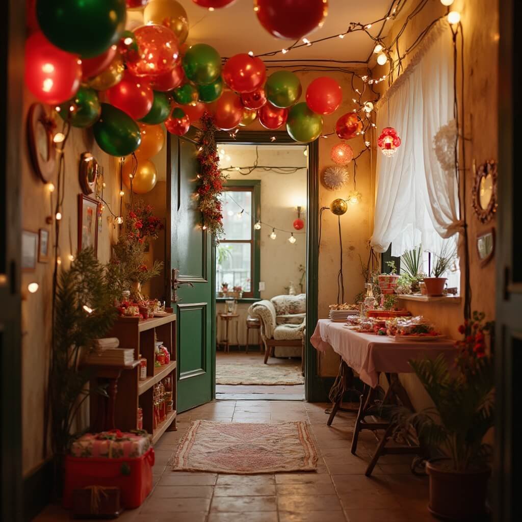 Christmas Party Decorations: A Room-by-Room Guide That Won't Bankrupt You Urban flat reception room decorated for a holiday party with red, green, and gold balloon garlands, handmade balloon tree, ornaments hanging from the ceiling, snack table, drinks station, and warm string lights captured with a wide-angle lens.
