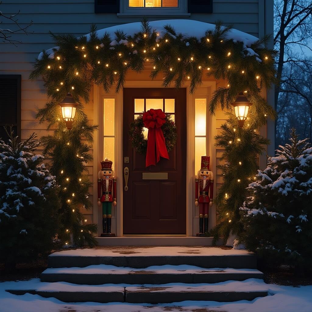 Christmas Party Decorations: A Room-by-Room Guide That Won't Bankrupt You Festive house entrance at dusk with evergreen garland adorned with fairy lights and a large red bow, nutcrackers by the doorway, and a dusting of snow on steps, under the glow of porch lanterns against a twilight sky