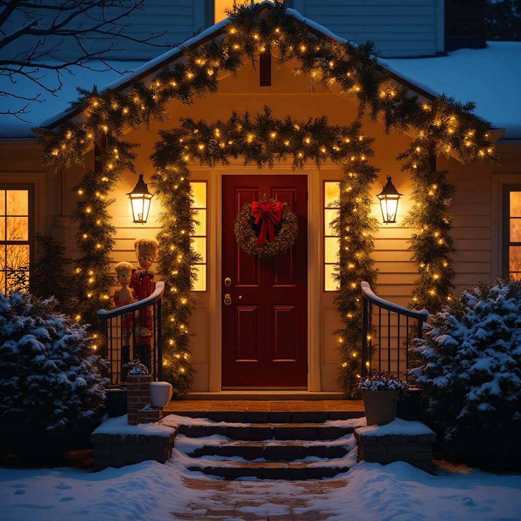 Christmas Party Decorations: A Room-by-Room Guide That Won't Bankrupt You Festive front house entrance at twilight with evergreen garland, white fairy lights, red velvet bow, snow-dusted steps, and wooden nutcrackers under soft porch light against a blue dusk sky