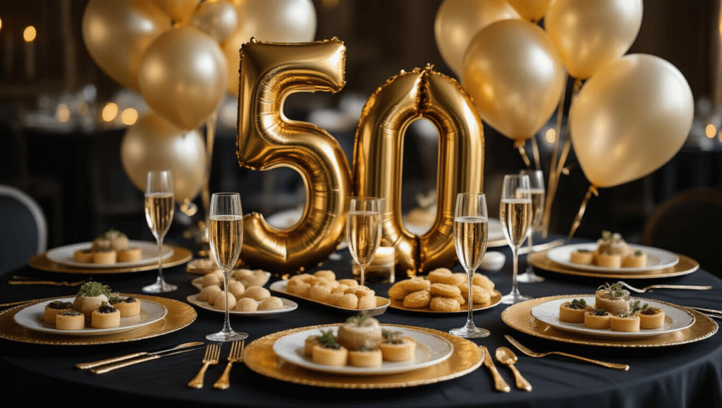Comprehensive 50th Birthday Party Ideas for Men (That Aren't Naff) "Elegant "Golden 50" birthday party tablescape with dark tablecloth, shimmering gold accents, "50" balloons, champagne flutes, hors d'oeuvres, and candlelit gold charger plates in a sophisticated and festive atmosphere"