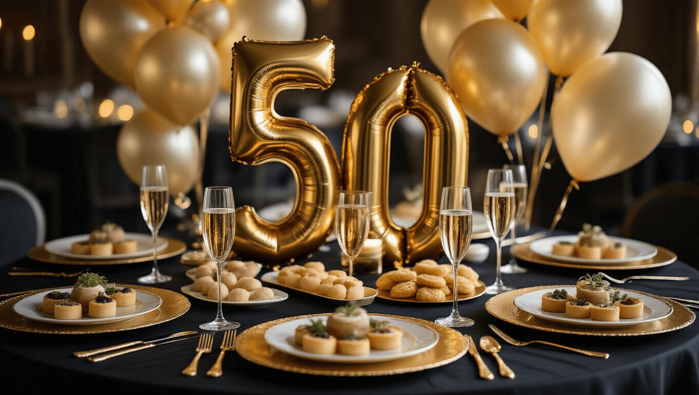 "Elegant "Golden 50" birthday party tablescape with dark tablecloth, shimmering gold accents, "50" balloons, champagne flutes, hors d'oeuvres, and candlelit gold charger plates in a sophisticated and festive atmosphere"