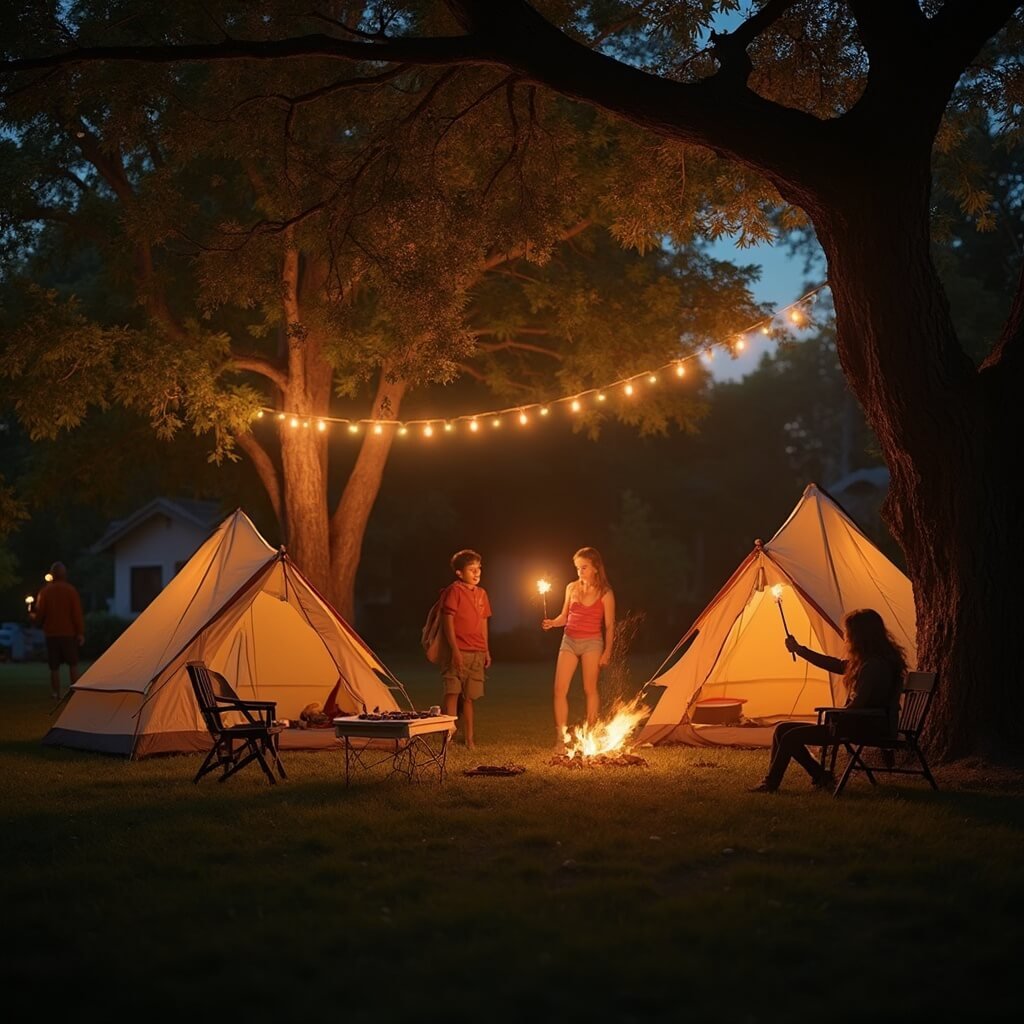 Kids Birthday Party Ideas That Won't Take Over Your Entire Weekend Children in silhouette holding torches around a small fire pit at a backyard camping party during golden hour, with two dome tents, a table with skewers and marshmallows, and softly glowing string lights draped between a tree and the tents.