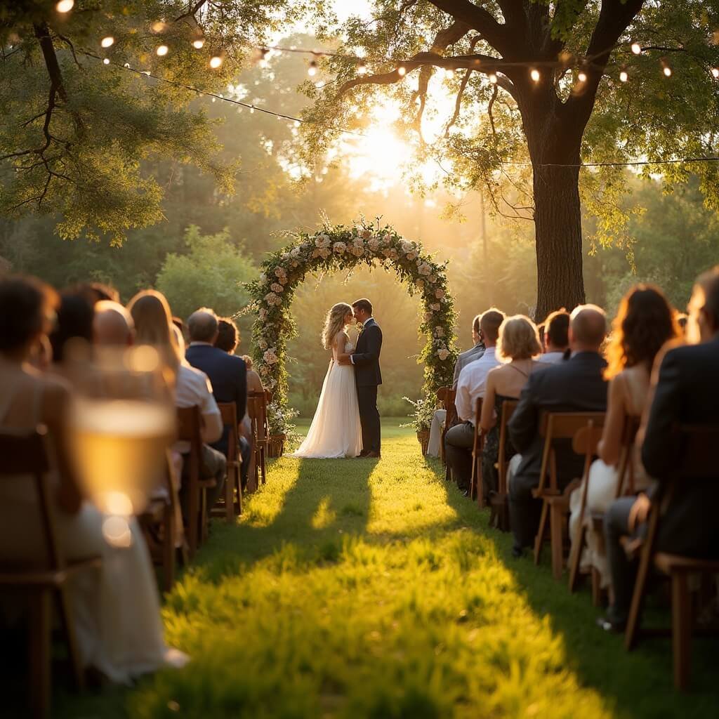Small Intimate Wedding Ideas That Actually Feel Special, Not Scaled-Down Late-summer backyard wedding during golden hour with string lights, floral arch and guests on mismatched chairs, bride and groom embracing, with focus on sunlight-drenched prosecco glasses in the foreground.