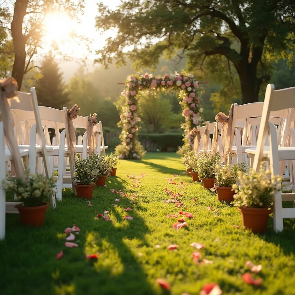 Wedding Decor Ideas That Actually Work (Not Just Look Nice on Pinterest) Outdoor wedding ceremony at golden hour, with terracotta pots along aisle, white wooden chairs with bows and a floral wooden arch, with sunlight casting long shadows on a manicured lawn scattered with rose petals