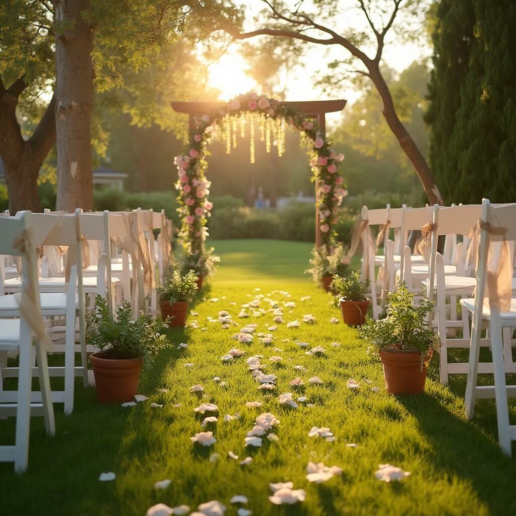 Wedding Decor Ideas That Actually Work (Not Just Look Nice on Pinterest) Outdoor wedding ceremony during golden hour, with terracotta pots of greenery, ribbon-tied chairs, wooden arch with flowers, and scattered rose petals on lawn