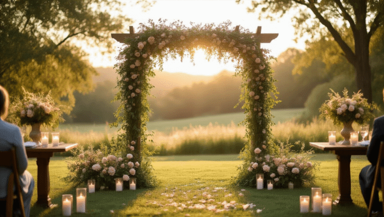 Wedding Decor Ideas That Actually Work (Not Just Look Nice on Pinterest) "Outdoor wedding ceremony arch decorated with greenery and blush florals in golden hour sunlight, with an aisle of simple flower arrangements and candles, mismatched vases of wildflowers, and elegant fabric draping in dusty-rose and sage hues"