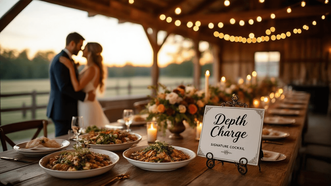 "Elegant wedding reception in a rustic barn with long banquet table, brass compass place-card holders, hand-lettered signature cocktail sign, couple dancing in background, warm amber lighting, and floral centerpieces."