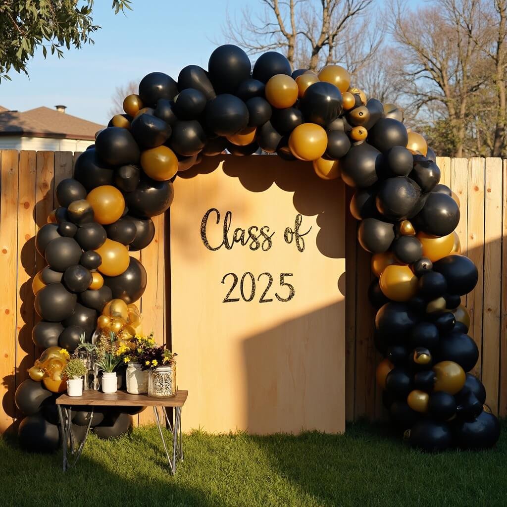 Grad Party Decorations: A Practical Guide to Getting It Right Backyard graduation party photo corner with 'Class of 2025' backdrop, black and gold balloon garlands, and mason jars filled with themed paper flowers in golden late-afternoon light