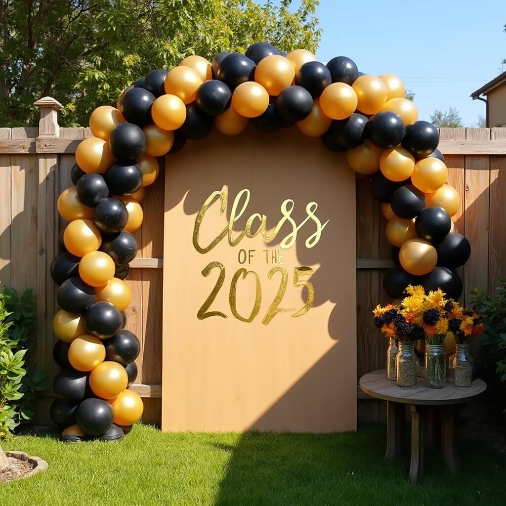 Grad Party Decorations: A Practical Guide to Getting It Right Backyard graduation party photo corner decorated with black and gold balloons, 'Class of 2025' backdrop, and mason jars filled with paper flowers in the golden late-afternoon sunlight.