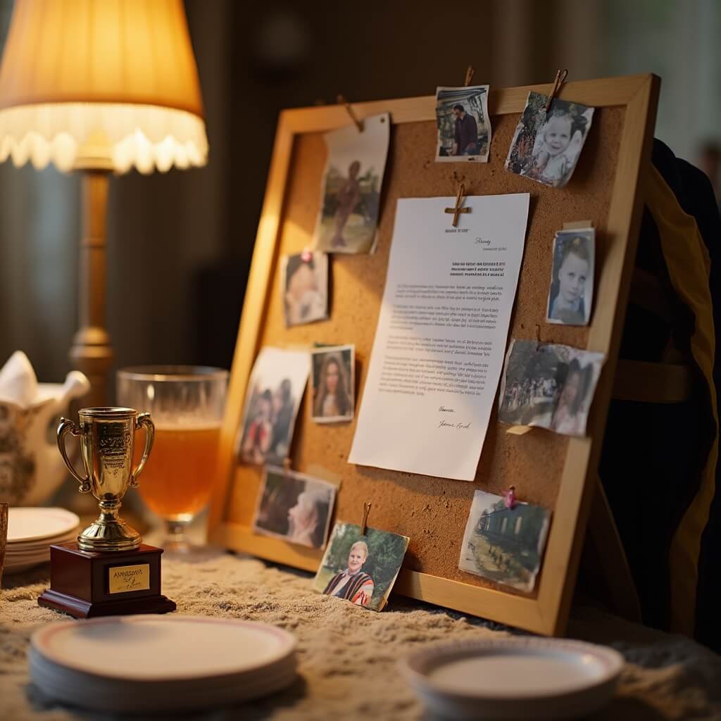 Grad Party Decorations: A Practical Guide to Getting It Right Handmade memory display with college acceptance letter, photos, varsity jacket and trophy at a graduation party, in soft lamplight with blurred party items in the background