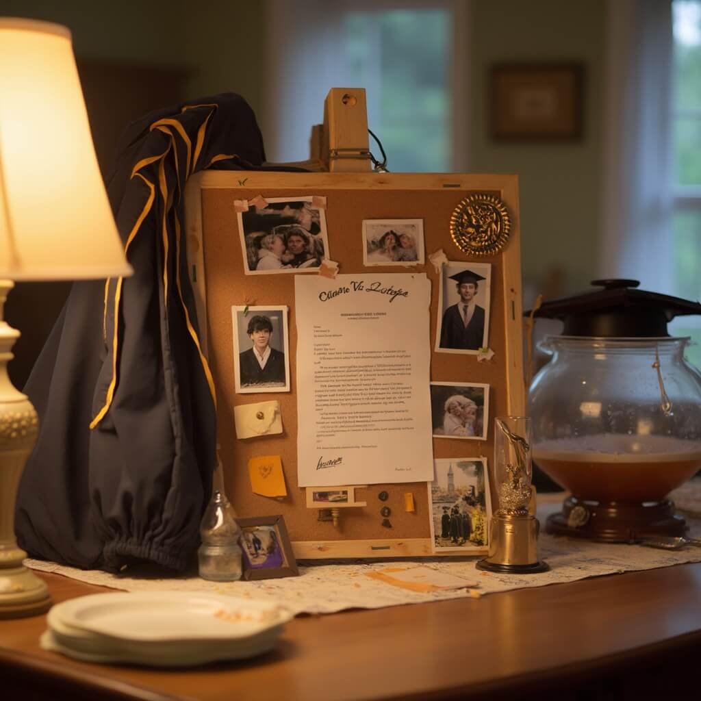 Grad Party Decorations: A Practical Guide to Getting It Right Handmade memory display at a graduation party featuring a corkboard with college acceptance letter and childhood to graduation photos, a varsity jacket on a chair, and a small trophy on a table under warm indoor lighting, with blurred punch bowl and paper plates in the background