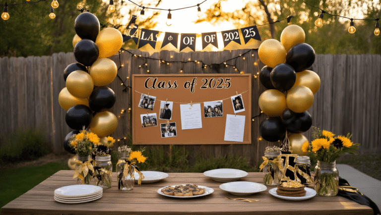 Grad Party Decorations: A Practical Guide to Getting It Right "Backyard graduation party scene at sunset with black and gold decorations, "Class of 2025" banner, memory display with photos and acceptance letter, mason jar centerpieces, food table with accents of gold and warm cozy atmosphere in high detail."