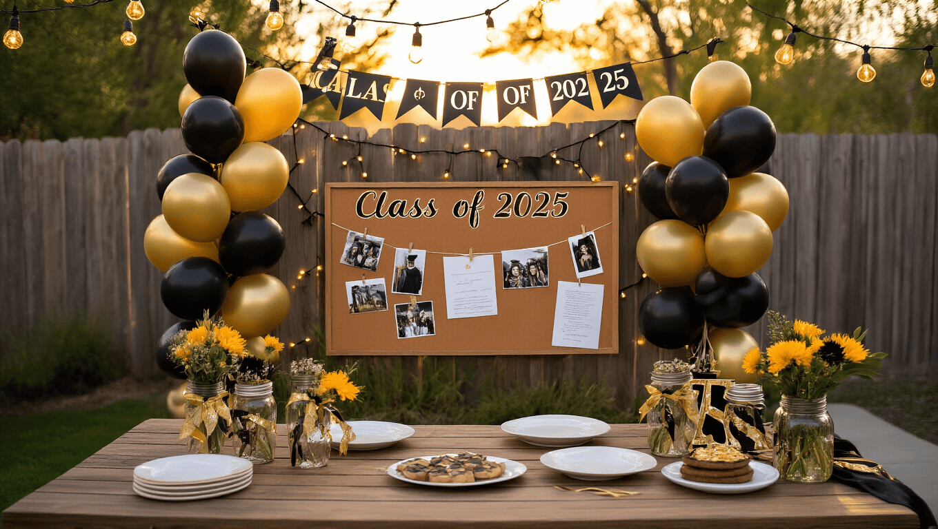 "Backyard graduation party scene at sunset with black and gold decorations, "Class of 2025" banner, memory display with photos and acceptance letter, mason jar centerpieces, food table with accents of gold and warm cozy atmosphere in high detail."