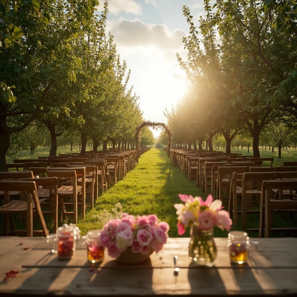 Outdoor Wedding Ideas That Actually Work (Not Just Pinterest Bait) Rustic orchard wedding ceremony at golden hour in Herefordshire featuring dappled sunlight through apple trees, wooden chairs arranged in two aisles, a branch and wildflower archway, and jam jars of sweet peas on a wooden table, with soft backlighting silhouetting the guests