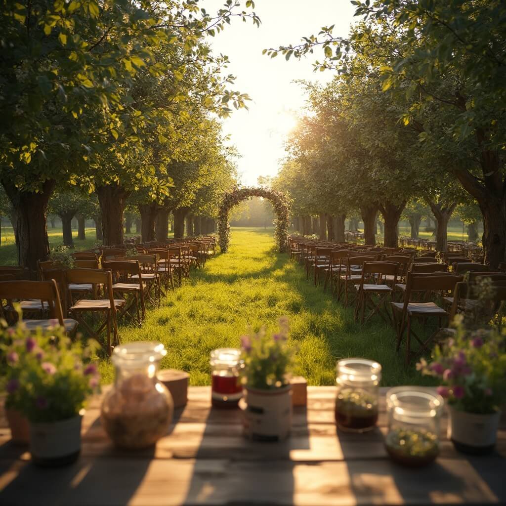 Outdoor Wedding Ideas That Actually Work (Not Just Pinterest Bait) Rustic apple orchard wedding ceremony in Herefordshire at golden hour, with wooden chairs, archway made of branches and wildflowers, and jam jars filled with sweet peas on a table, with warm backlighting and guests' silhouettes