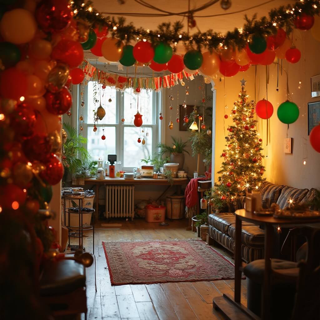 Christmas Party Decorations: A Room-by-Room Guide That Won't Bankrupt You A lively holiday party in a small urban flat, featuring red, green, and gold balloon decorations, a homemade balloon tree, hanging ornaments, a table with snacks and drinks asides from the walkway, captured with a wide-angle lens under string lights.