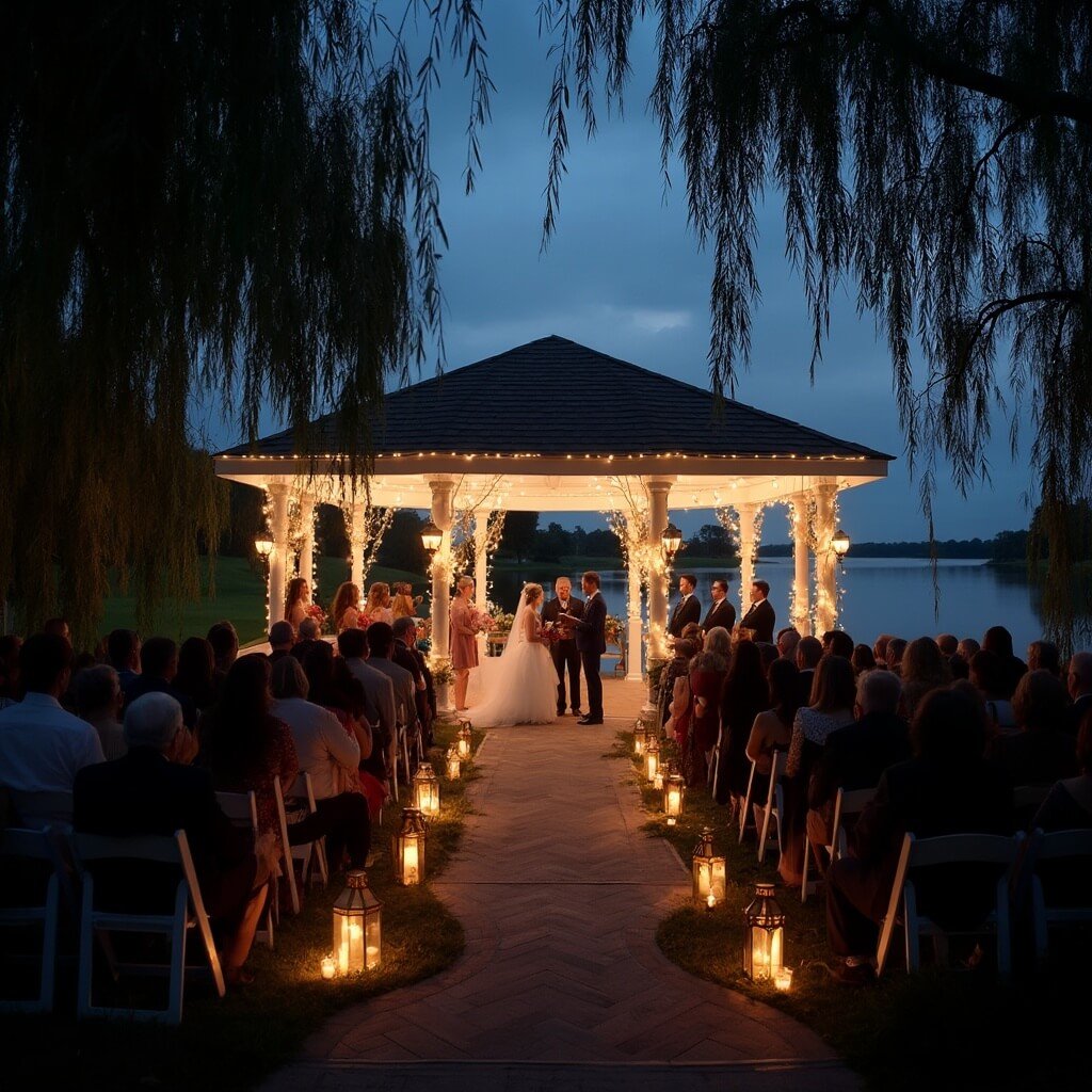 Outdoor Wedding Ideas That Actually Work (Not Just Pinterest Bait) Lakeside wedding ceremony under a glowing pavilion at dusk, with lantern-lined aisle, seated guests, reflective still water, and willow-framed composition