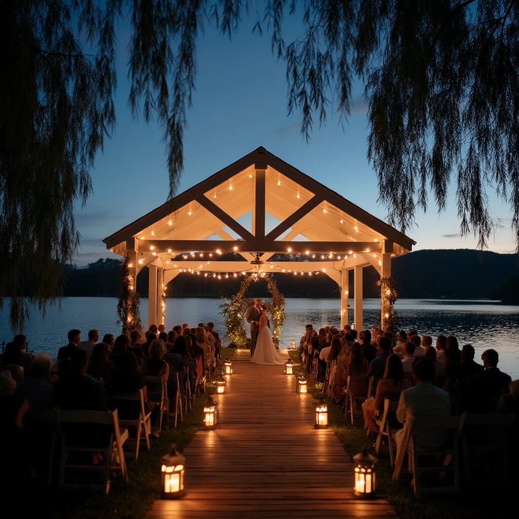 Outdoor Wedding Ideas That Actually Work (Not Just Pinterest Bait) Dusk lakeside wedding under a white wooden pavilion with glowing string lights, reflection on still water, aisle lined with lanterns, guests seated facing the water, framed by overhanging willow branches