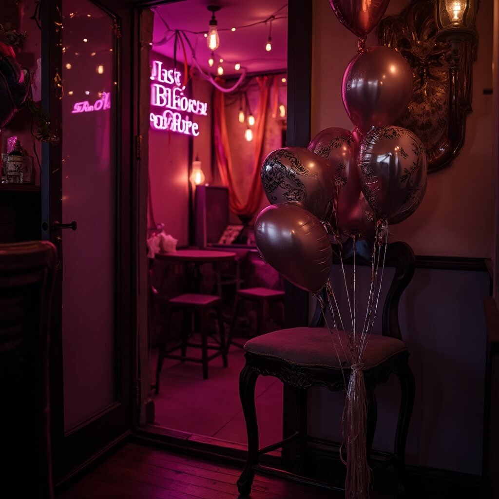 Bachelorette Party Decorations That Actually Work (Without Costing a Fortune or a Weekend) Evening bachelorette party venue with string lights, 'Last Fling Before The Ring' neon banner, streamers, mini helium balloons on bride's chair, and dramatic side lighting.