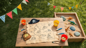 Kids Birthday Party Ideas That Won't Take Over Your Entire Weekend "Pirate-themed kids' backyard birthday party; hand-drawn treasure map, eyepatch and pouch of "gold coins" on wooden table, painted stone fossils and plastic dinosaurs in sandpit with paintbrushes and buckets, colorful bunting between trees in a sunlit, joyous garden setting, shot in vibrant but soft flat-lay style with a candid lifestyle feel."