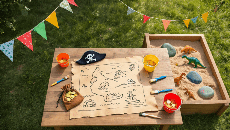 Kids Birthday Party Ideas That Won't Take Over Your Entire Weekend "Pirate-themed kids' backyard birthday party; hand-drawn treasure map, eyepatch and pouch of "gold coins" on wooden table, painted stone fossils and plastic dinosaurs in sandpit with paintbrushes and buckets, colorful bunting between trees in a sunlit, joyous garden setting, shot in vibrant but soft flat-lay style with a candid lifestyle feel."