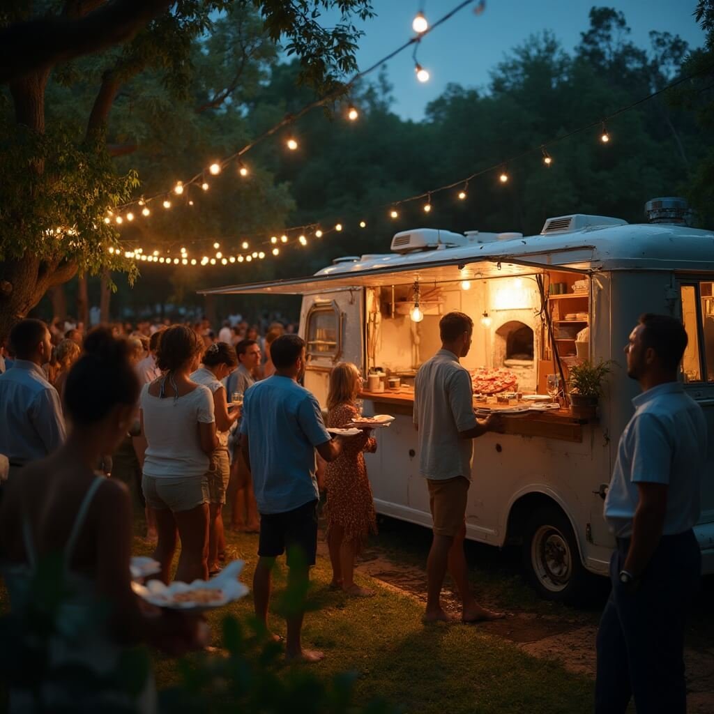 Cheap Wedding Ideas That Don't Look Cheap Wood-fired pizza food truck serving guests at a casual wedding celebration in a lush garden, lit by string lights and dusk light.