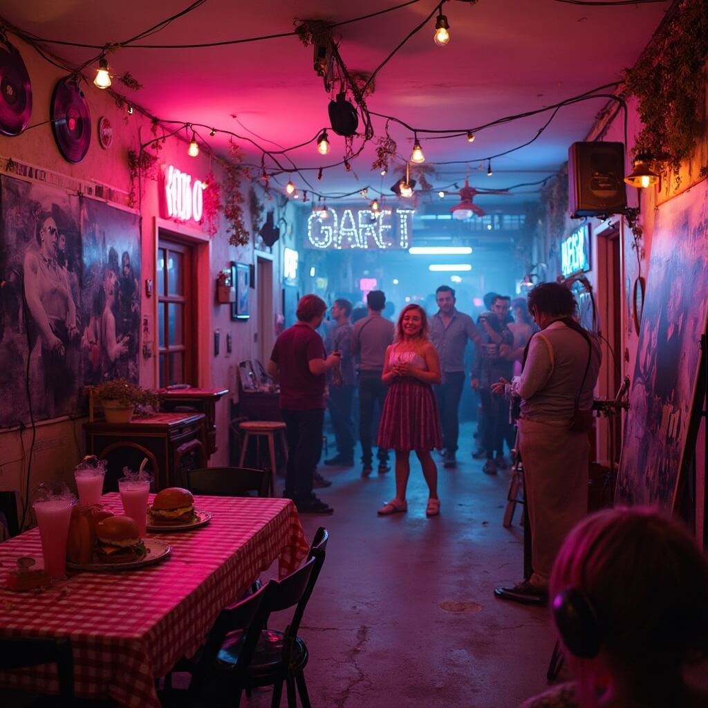 Comprehensive 50th Birthday Party Ideas for Men (That Aren't Naff) Decade-themed party in a garage featuring vintage decor, vinyl records on walls, retro food setting, neon lighting, and a black-and-white photo collage with guests dancing in the illuminated backdrop.