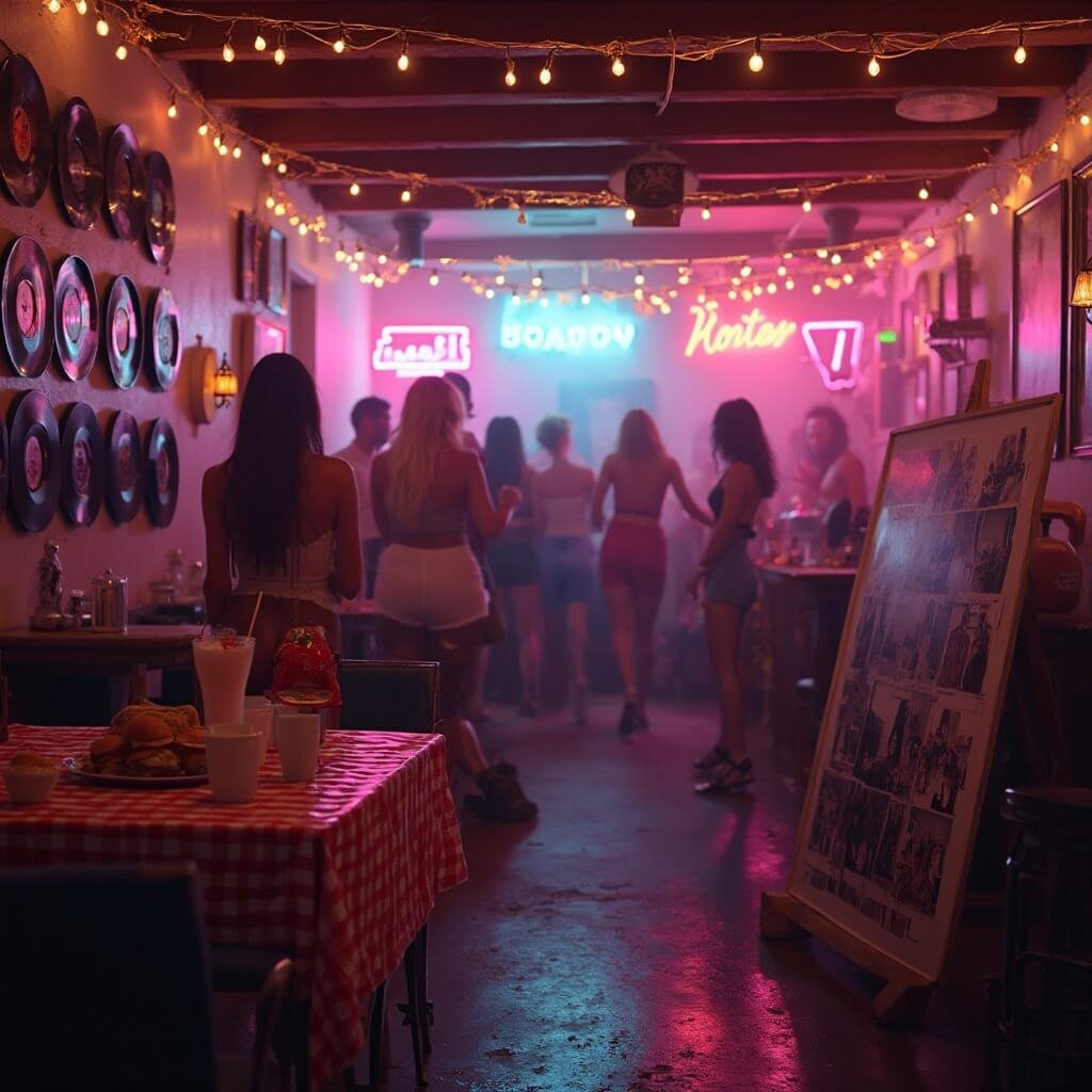 Comprehensive 50th Birthday Party Ideas for Men (That Aren't Naff) Vintage decade-themed party in a garage with string lights, vinyl records on the wall, retro decor including a checkered tablecloth with milkshake glasses and burgers, neon signage, a black-and-white photo collage, and guests dancing in ambient and neon light.